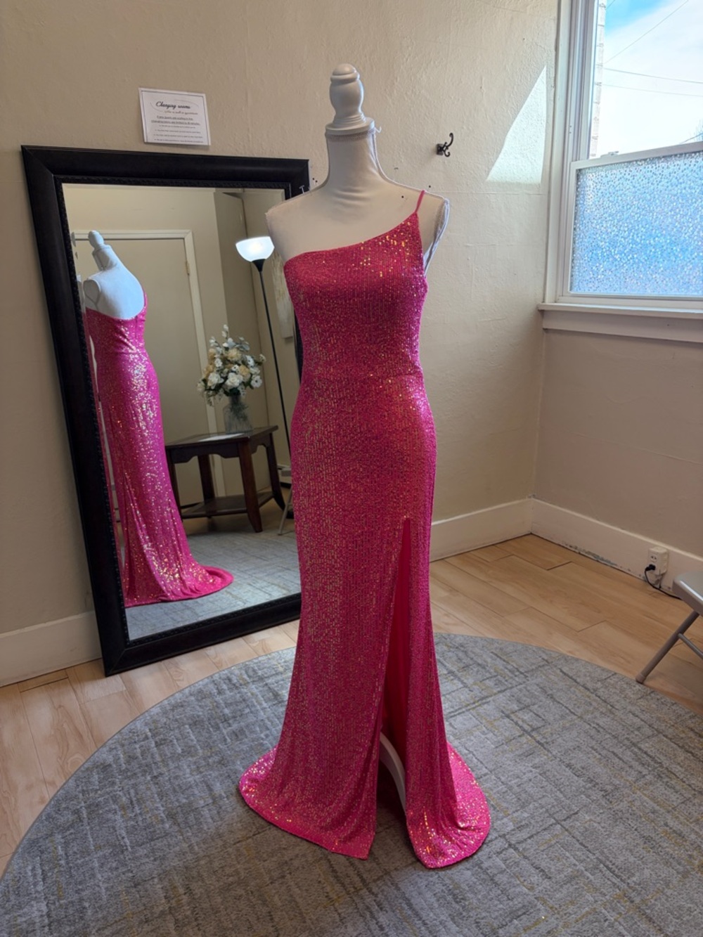 NWT Size 6 La Femme Hot Pink One-Shoulder Sequin Gown